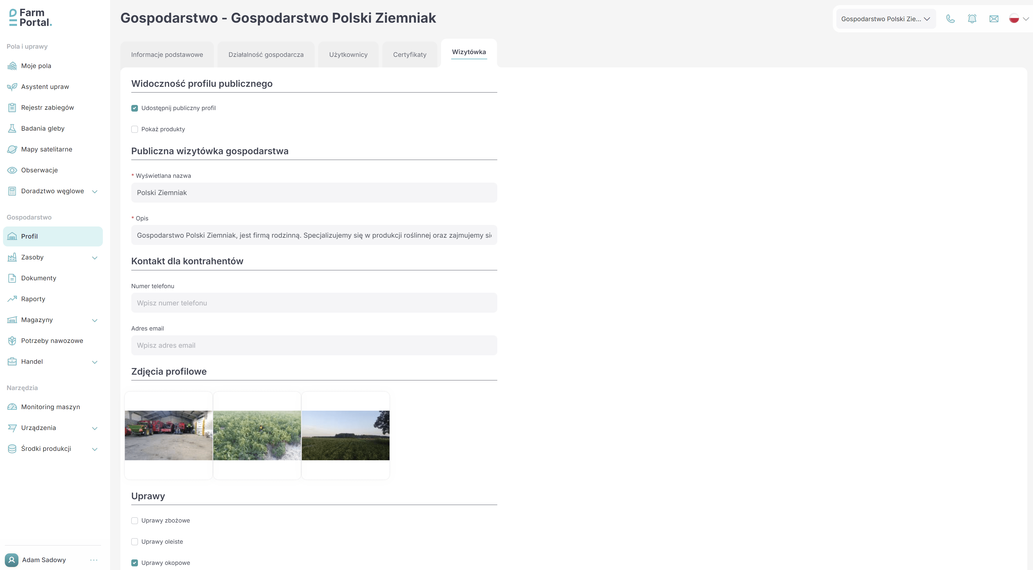FarmPortal – zrzut ekranu systemu zarządzania gospodarstwem FMS